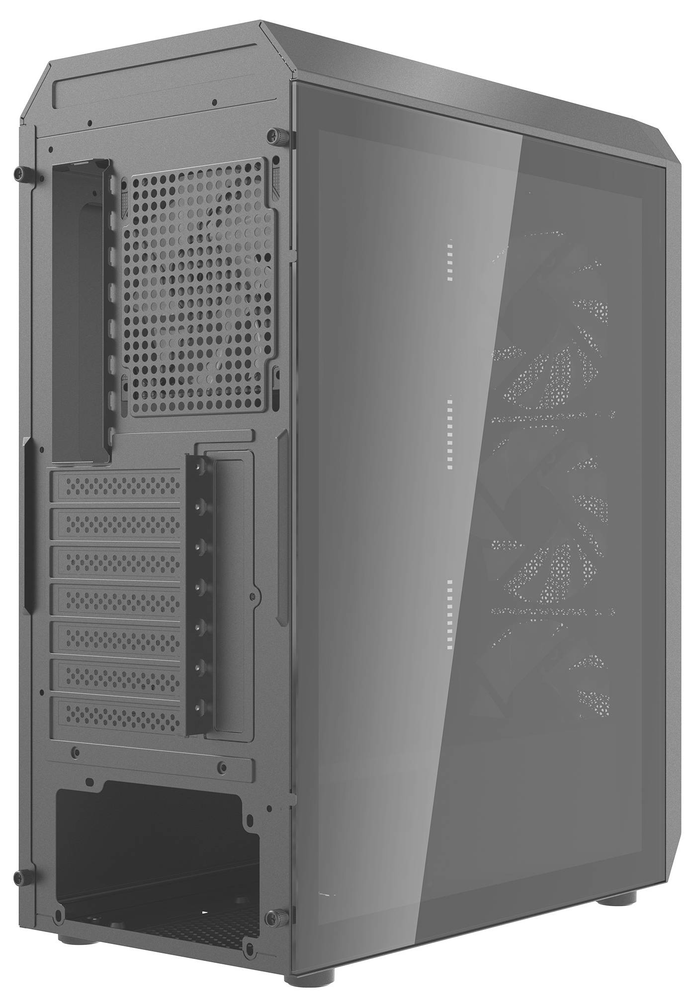 Computer-Gehäuse mit Seitenfenster, zeigt Lüftereinsätze und Schlitze für Erweiterungen auf der Rückseite. Gehäuse ist schwarz.