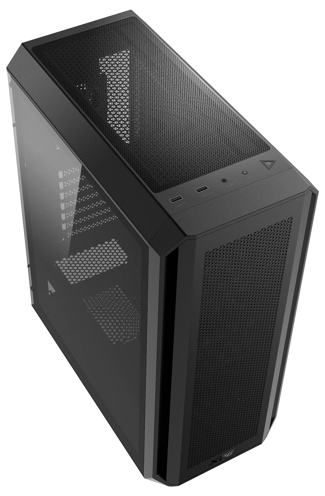 Schwarzes Computergehäuse mit transparentem Seitenteil und Lüftungsgitter an der Oberseite und Vorderseite.