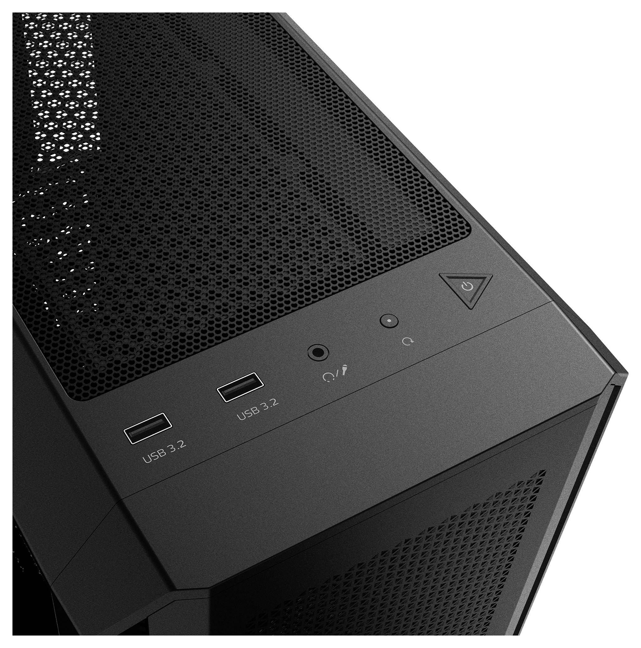 PC-Gehäuse in Schwarz mit Mesh-Oberfläche. Sichtbare USB-Anschlüsse, Audiobuchse und Einschaltknopf an der Oberseite vorne.