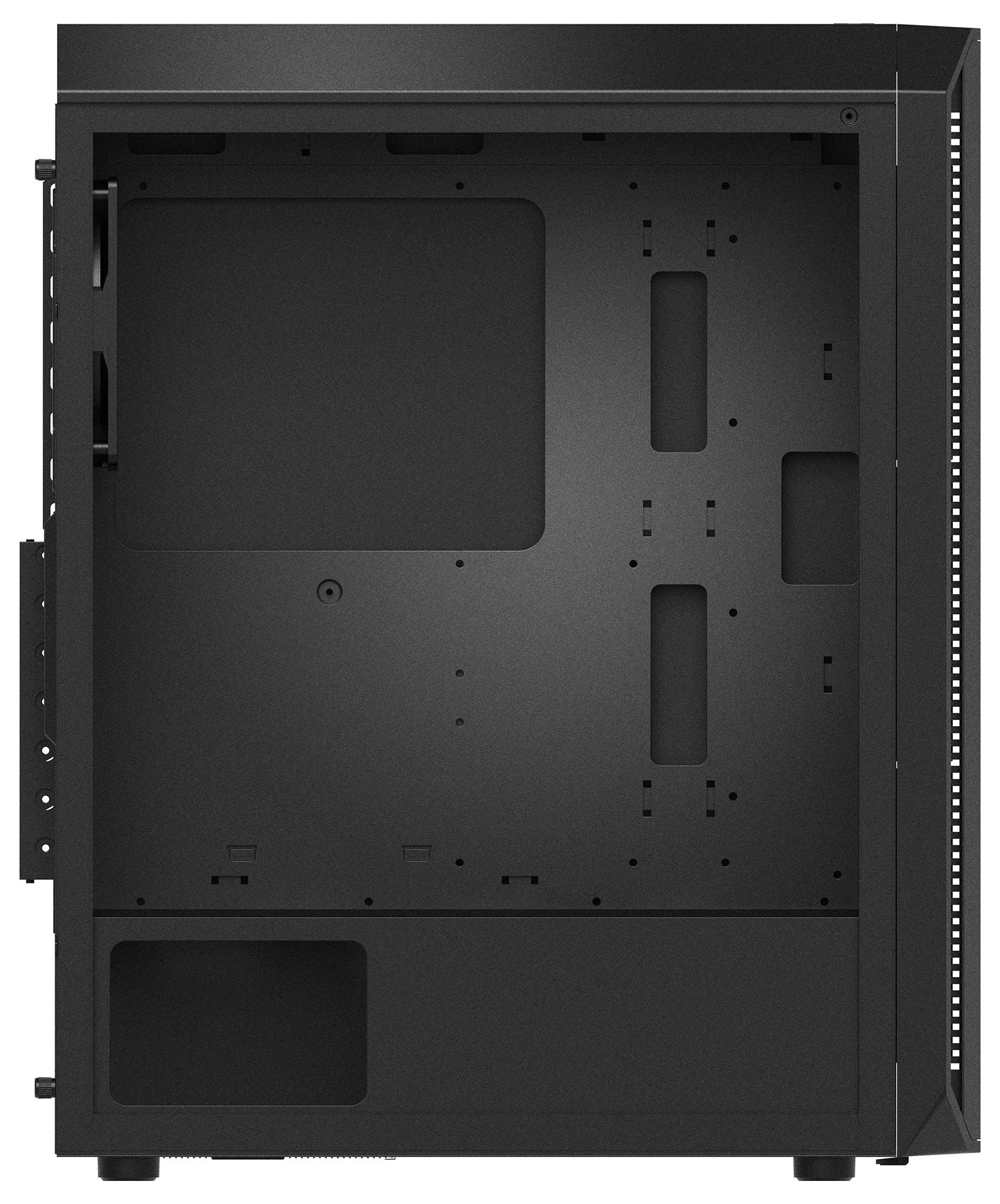 Ein leerer, schwarzer Computertower zeigt das Innere mit Halterungen und Platz für Komponenten wie Mainboard und Festplatten.