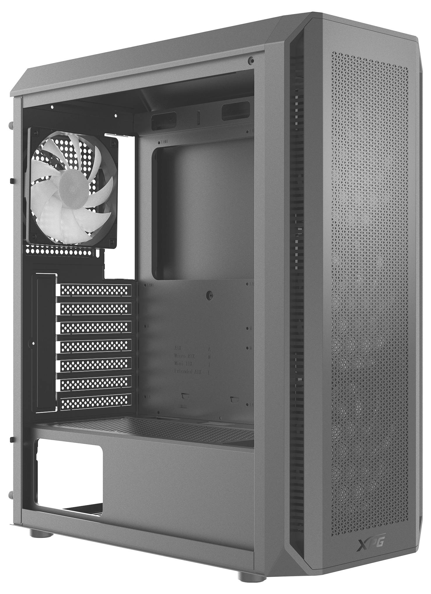 Ein leerer, grauer Computerturm mit seitlicher Netzverkleidung und eingebautem Lüfter.