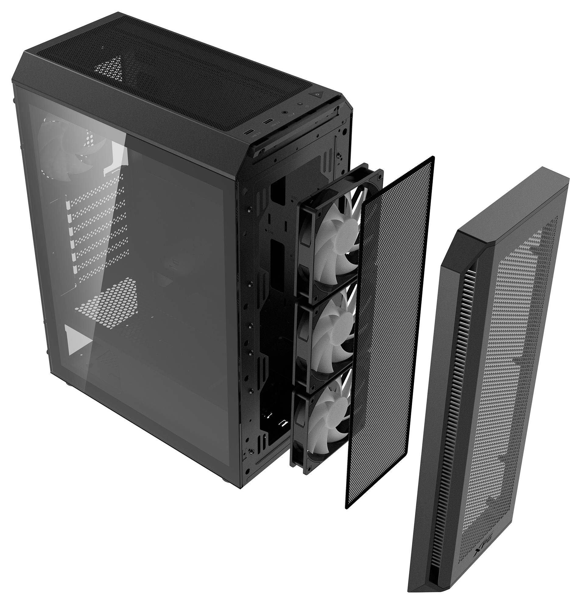 Schwarzes Computergehäuse mit abmontierter Frontplatte, zeigt drei eingebaute Lüfter und seitliches Glasfenster.