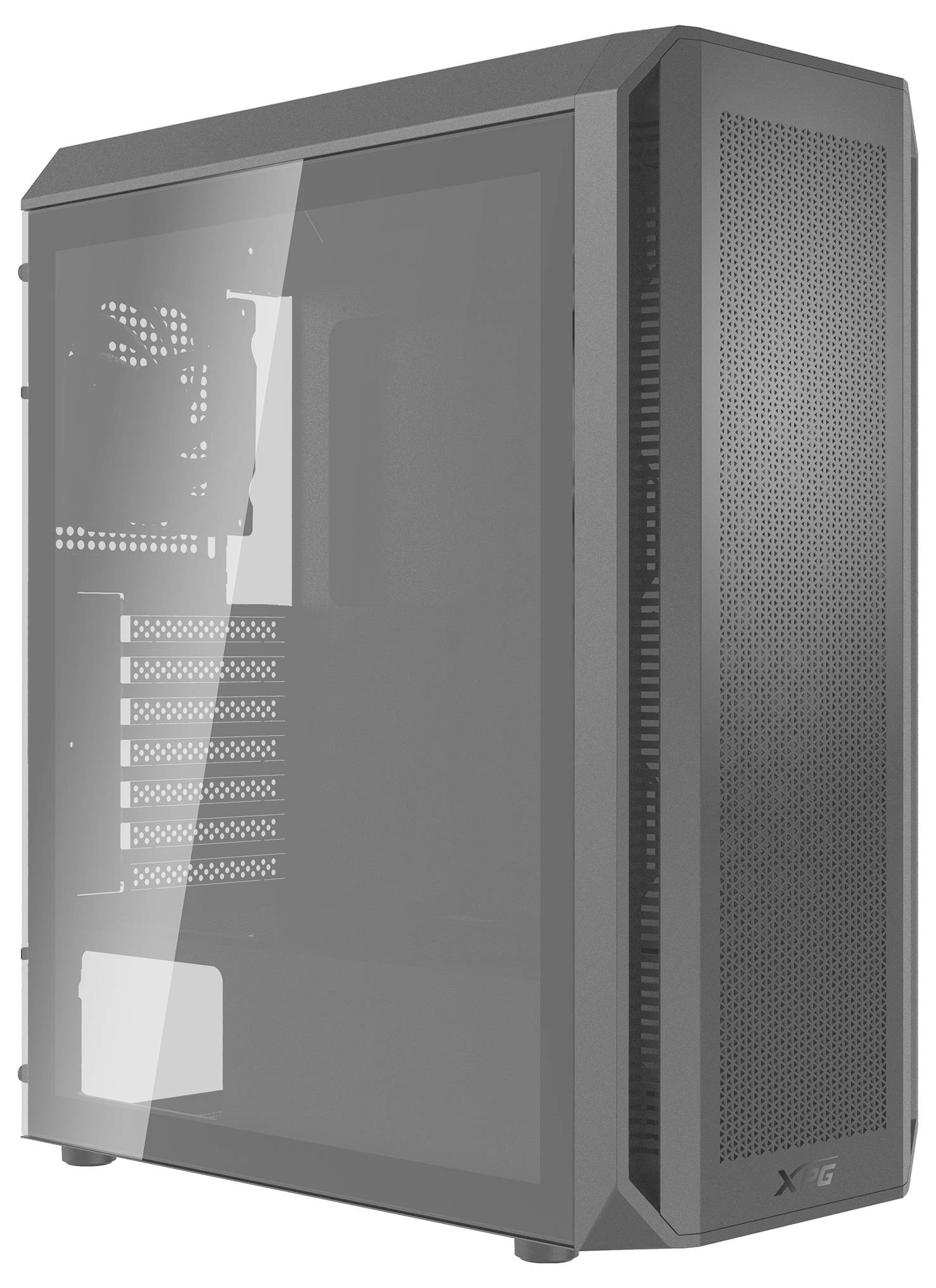 Schwarzes Computergehäuse mit transparentem Seitenfenster und perforierter Frontblende, geeignet für Gaming-PC-Bau.