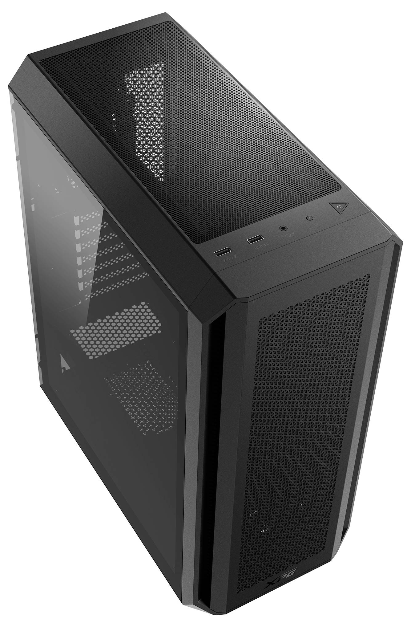 Schwarzes Computergehäuse mit Mesh-Front und transparentem Seitenteil, geeignet für effiziente Kühlung und Komponentenanzeige.