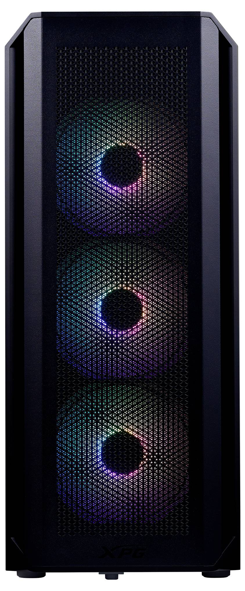 Schwarzes Computergehäuse mit drei sichtbaren RGB-Lüftern an der Vorderseite. Lüfter leuchten in verschiedenen Farben.