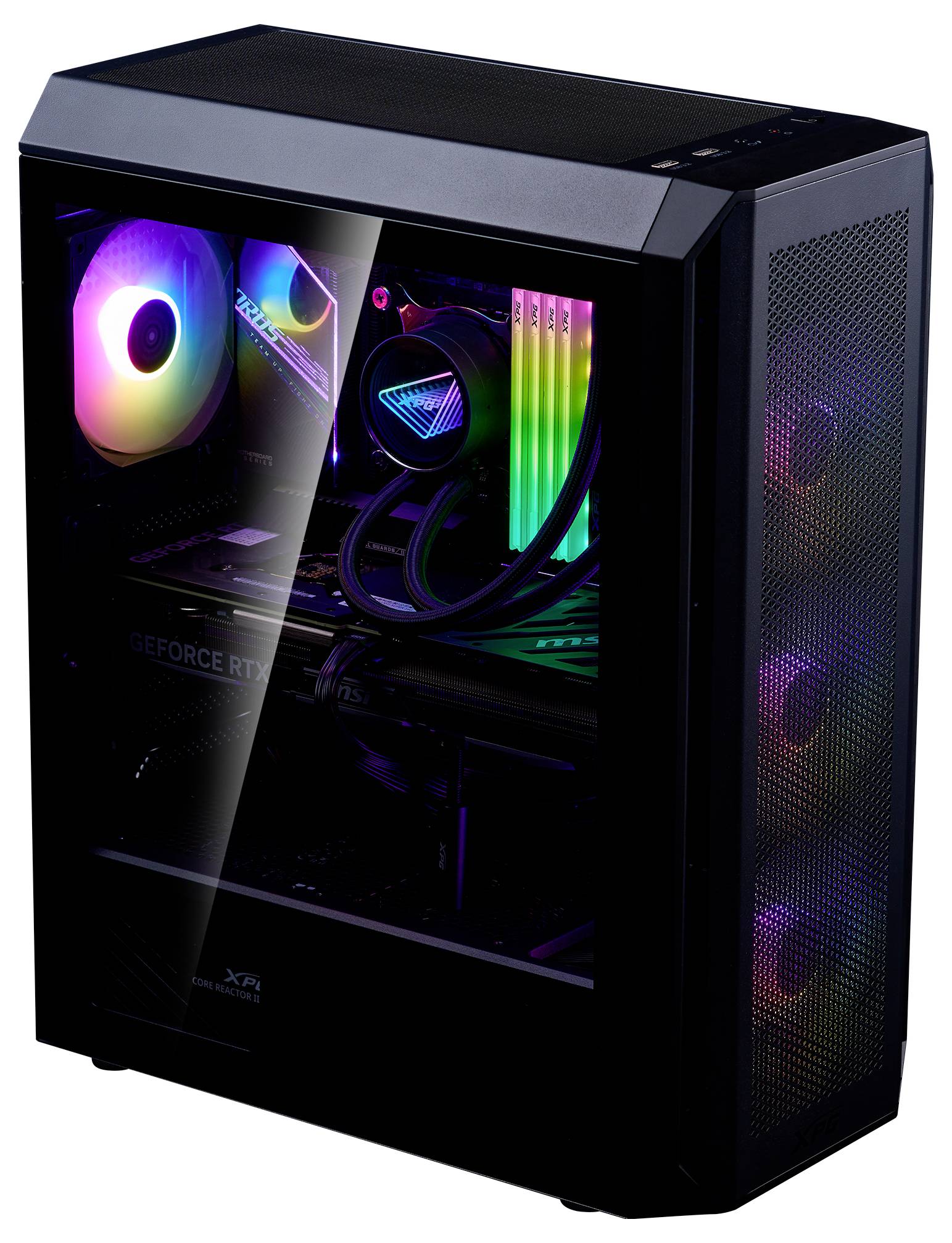 Gaming-PC-Gehäuse mit Glas-Seitenwand, sichtbarer RGB-Beleuchtung und Komponenten wie Grafikkarte, Wasserkühlung und Lüftern.