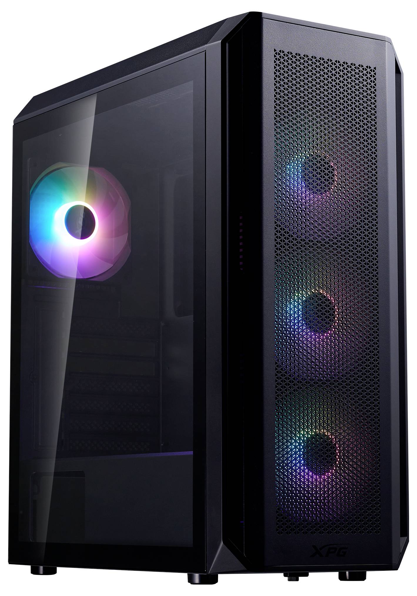 Gaming-PC-Gehäuse mit drei RGB-Kühlventilatoren an der Front und einem seitlichen Glasfenster, das einen Blick ins Innere bietet.