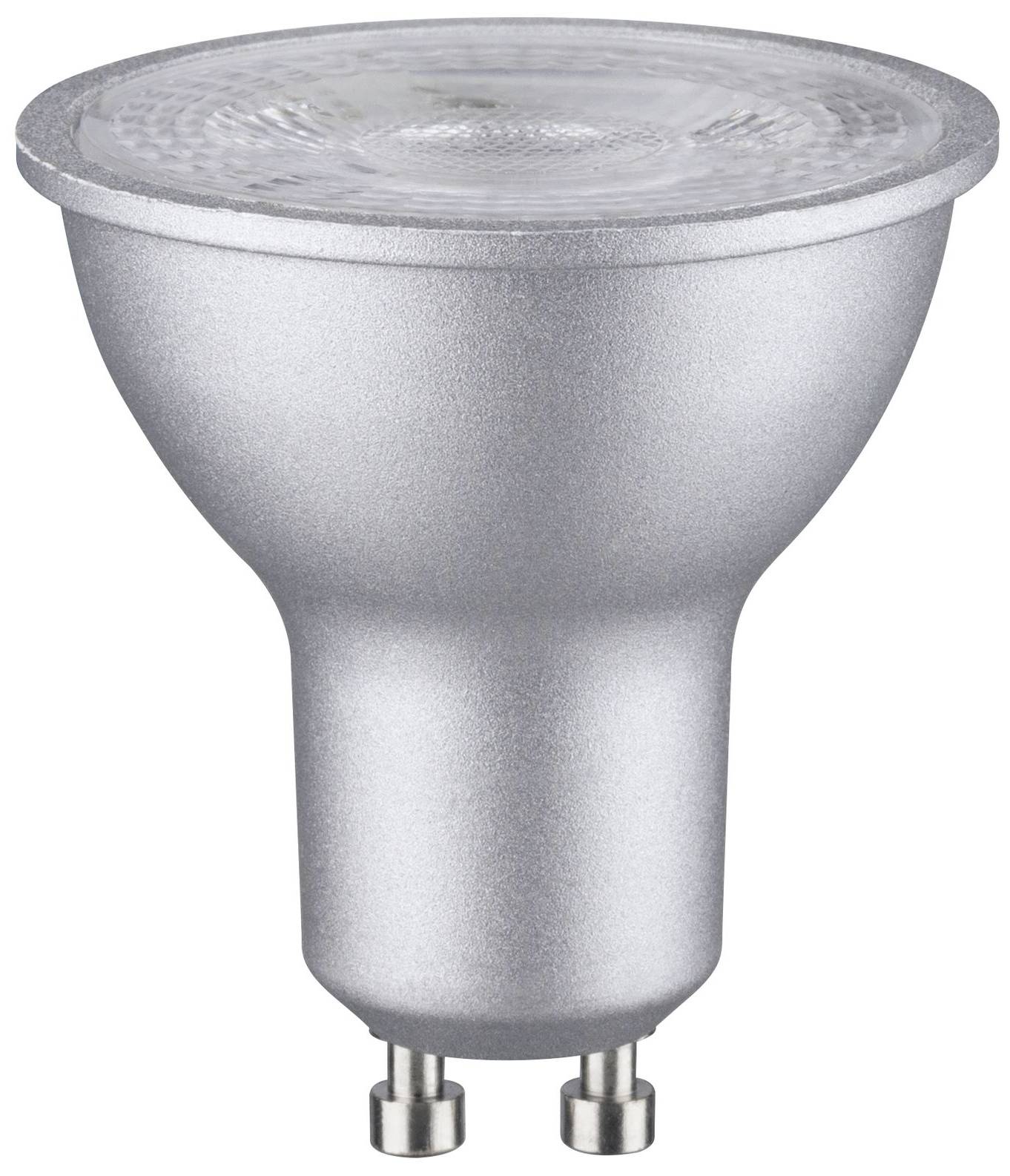 LED-Lampe mit silbernem Gehäuse und GU10-Sockel, geeignet für den Einsatz in Strahlern und zur energieeffizienten Beleuchtung.