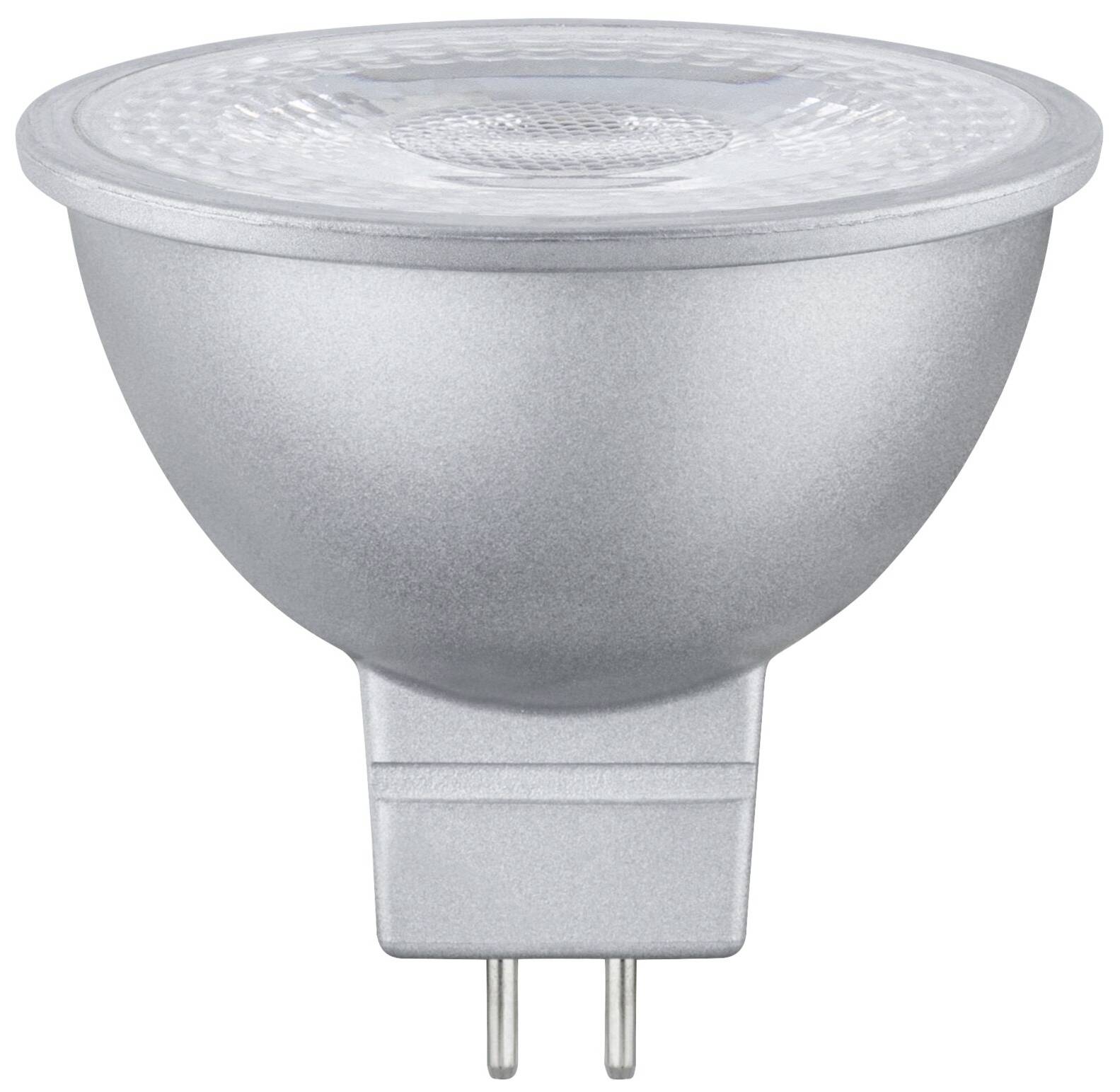 Silberne LED-Spotlampe mit GU5.3-Sockel, geeignet für energieeffiziente Beleuchtung in Wohn- und Arbeitsräumen.