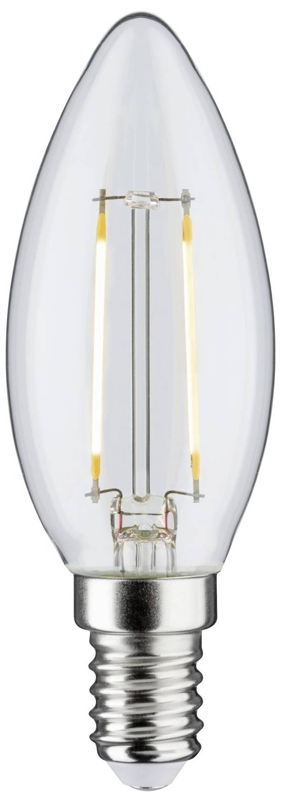 Eine Kerzen-LED-Glühbirne mit E14-Sockel und beidseitig sichtbaren Filamenten, geeignet für dekorative Beleuchtungszwecke.