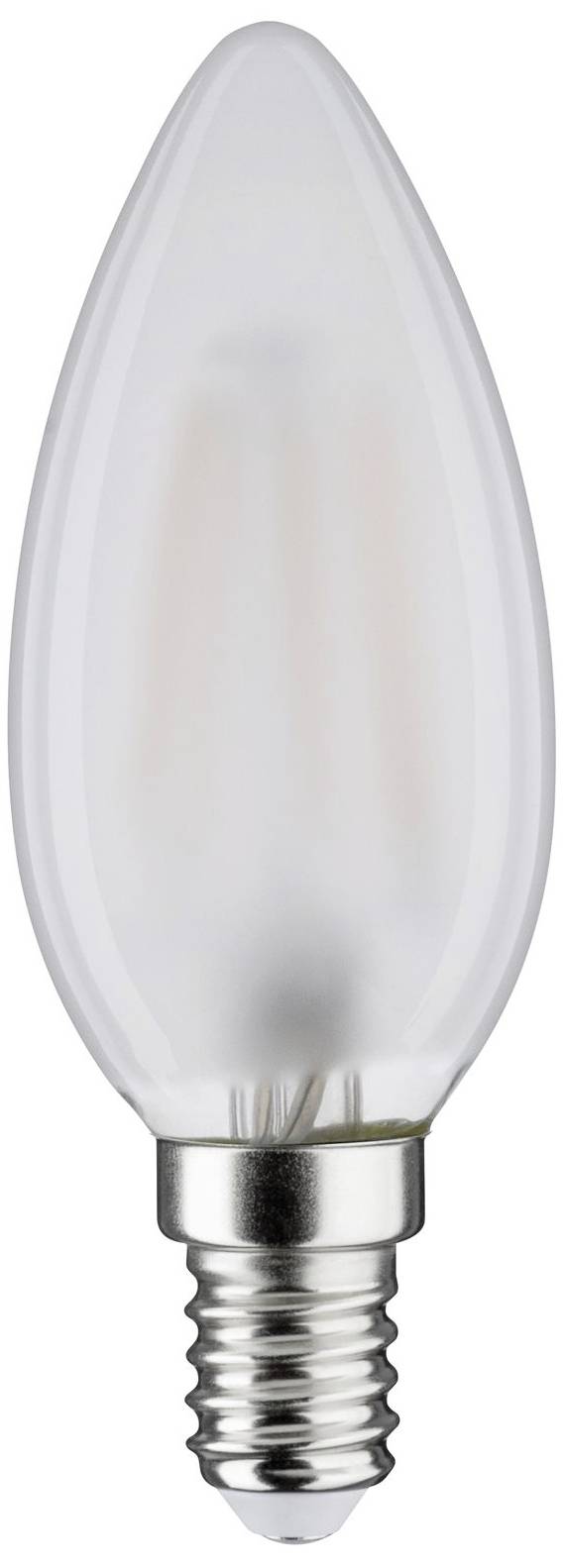 Eine Glühbirne in Kerzenform mit silbernem Sockel, geeignet für dekorative Beleuchtung und Energiesparlampen.
