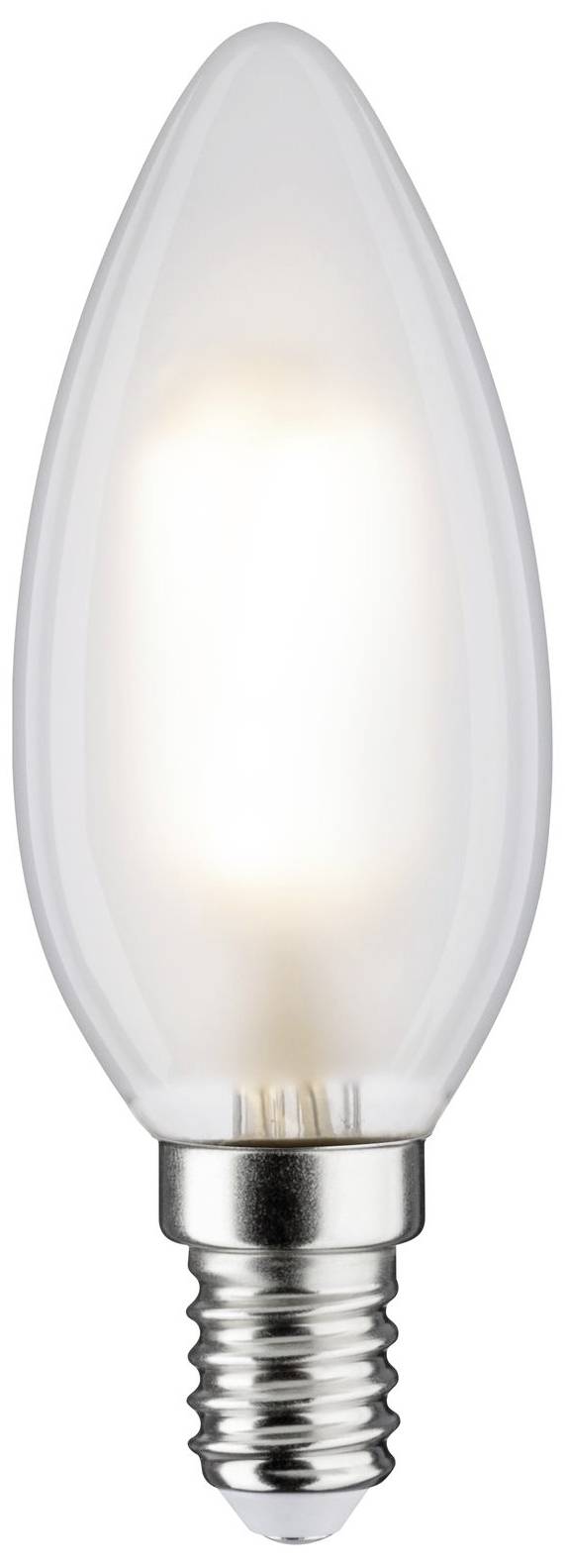 Eine eingeschaltete LED-Kerzenlampe mit E14-Sockel leuchtet warmweiß.