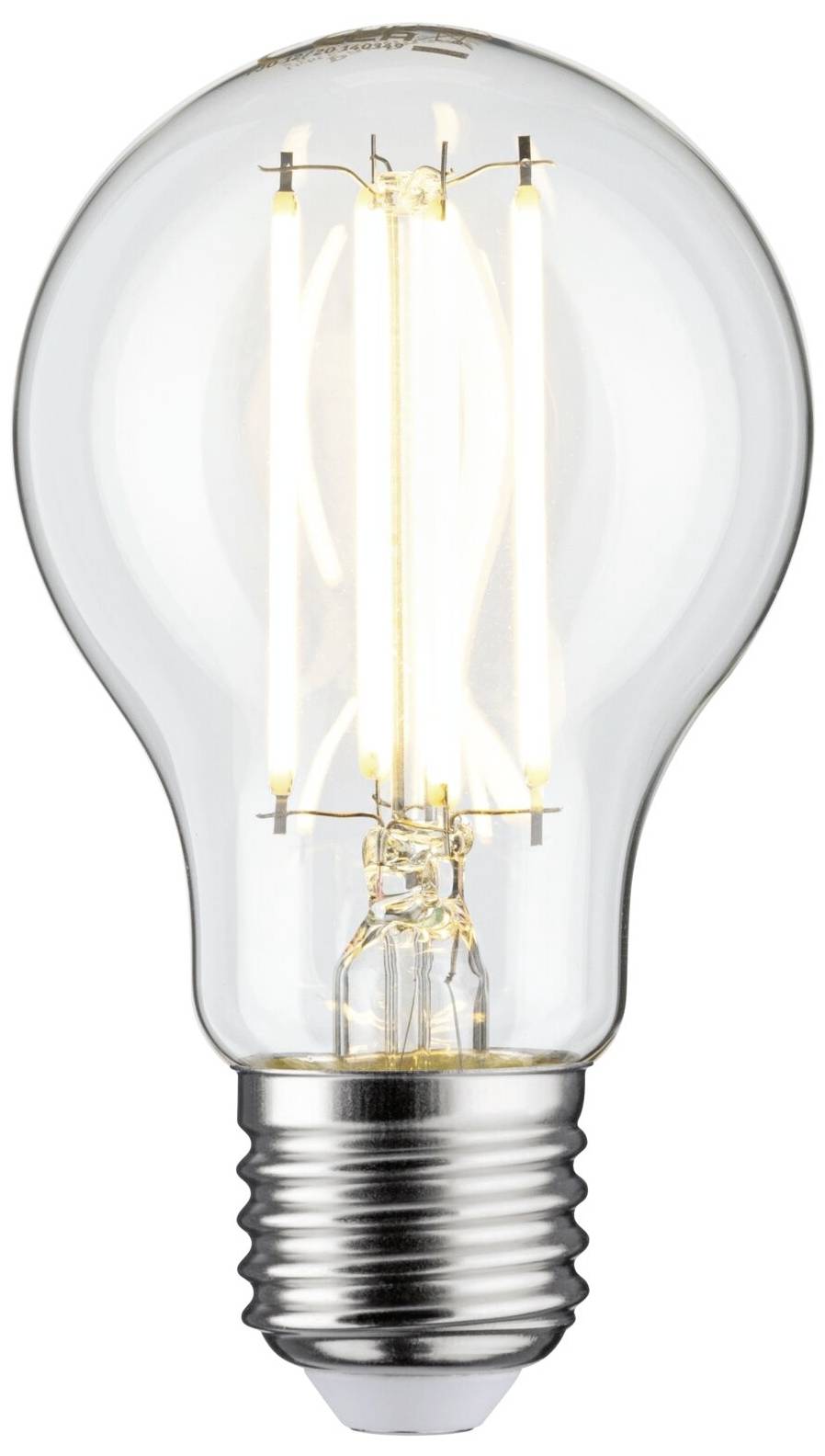 Eine eingeschaltete Glühbirne, die hell leuchtet. Sie zeigt den inneren Glühfaden im Detail und symbolisiert Ideen oder Innovation.