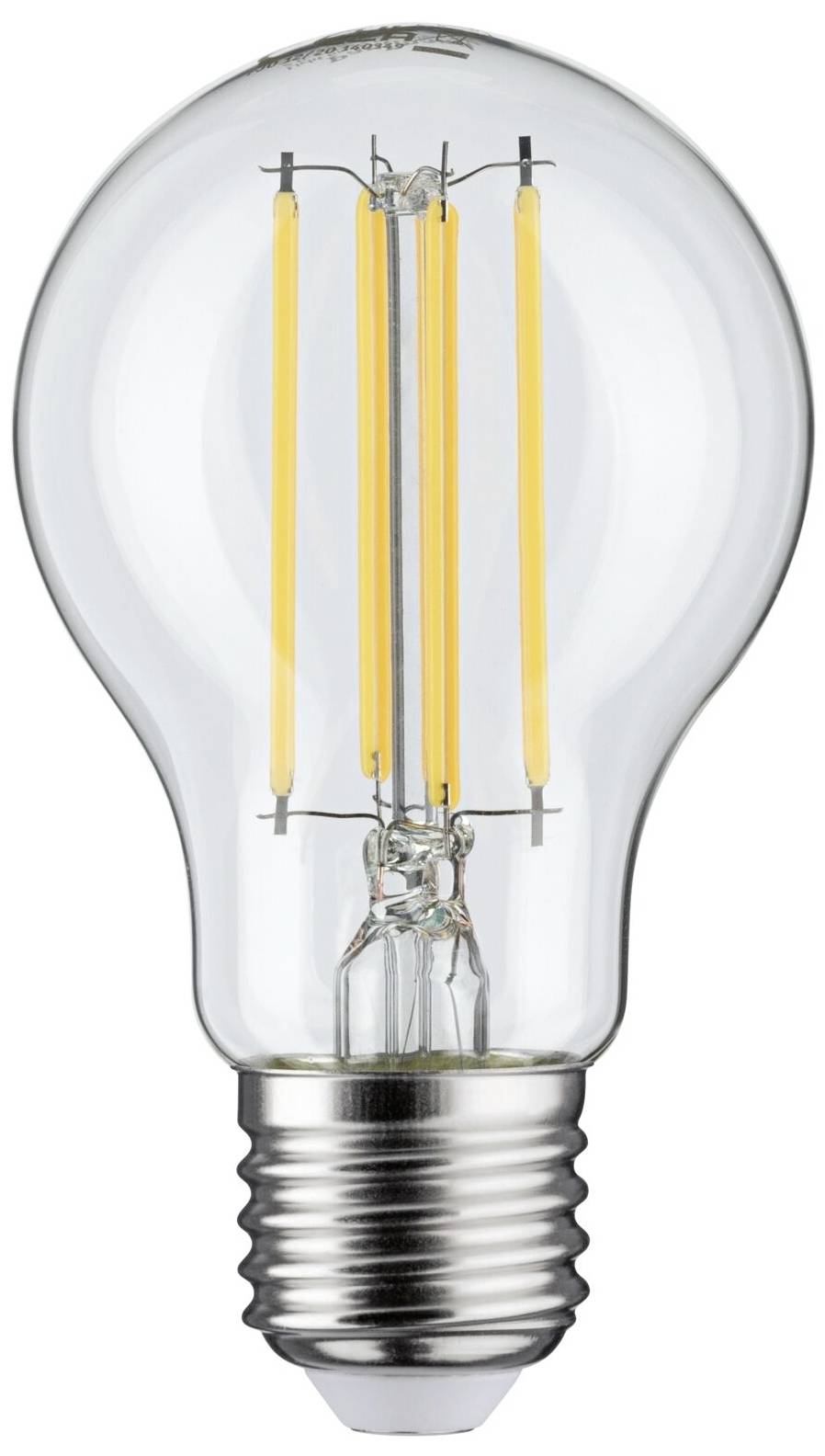 Eine klare Glühbirne mit sichtbaren LED-Filamenten vor weißem Hintergrund, symbolisiert Energieeffizienz und modernste Beleuchtungstechnik.