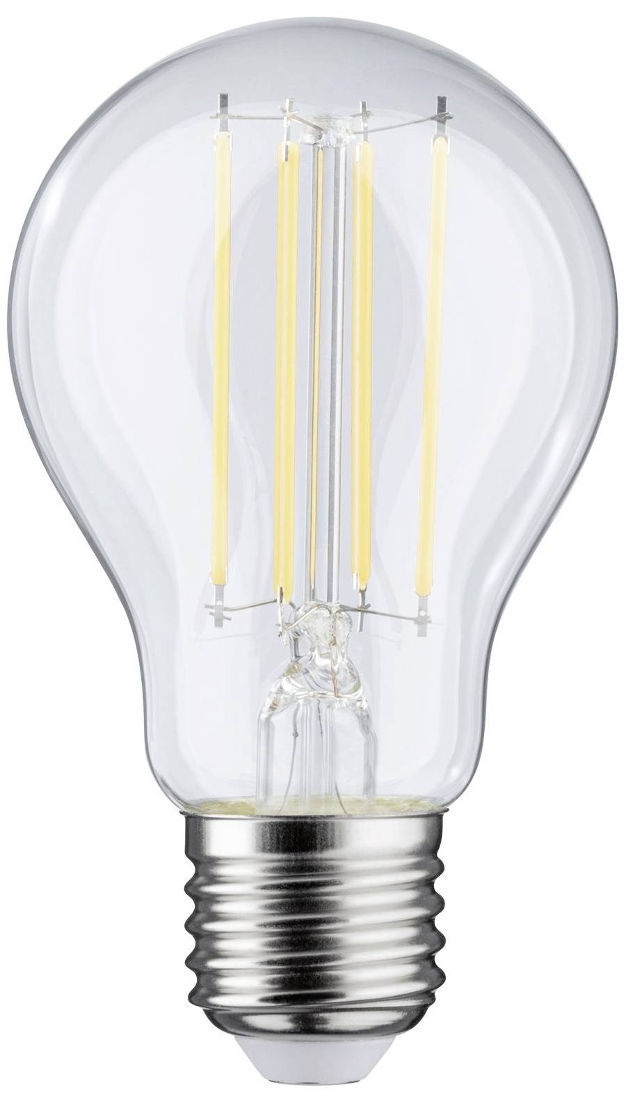 Eine LED-Glühbirne mit sichtbaren Filamenten und Metallfassung wird dargestellt.