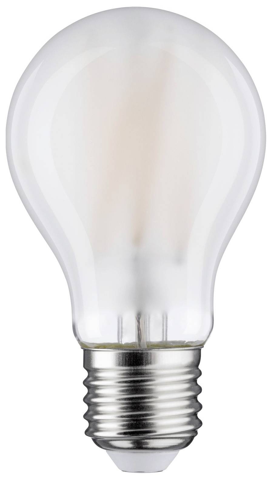Eine Glühbirne mit silberner Fassung, wirkt nicht eingeschaltet. Schlichtes Design ohne sichtbare Marken.