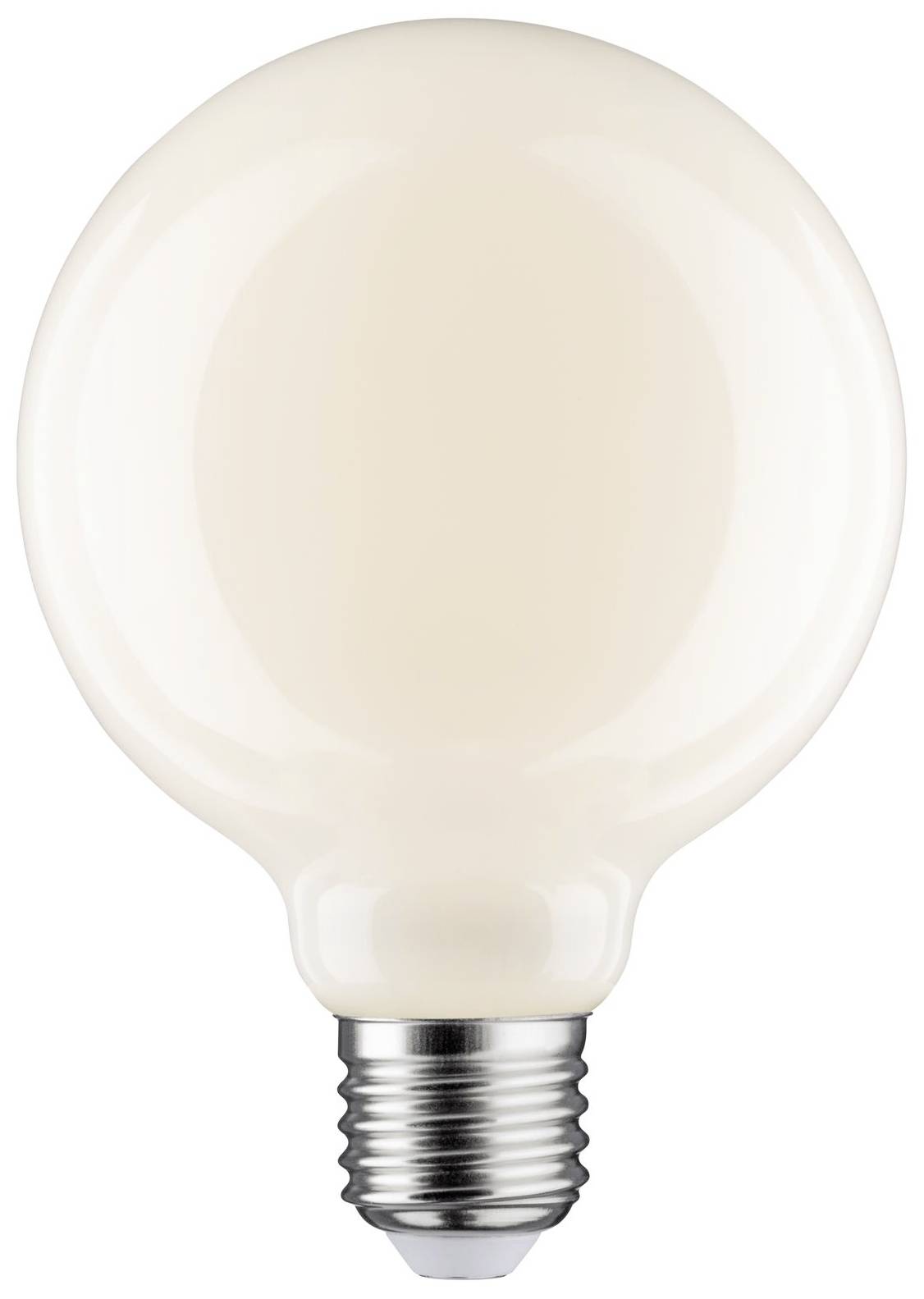 Eine weiße Glühbirne mit Standard-Schraubsockel, fotografiert vor einem neutralen Hintergrund.