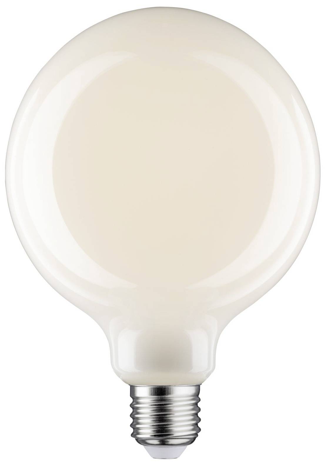 Eine Glühbirne mit Edison-Gewinde, rund und milchig-weiß, aus Glas, symbolisiert Beleuchtung oder kreative Ideen.