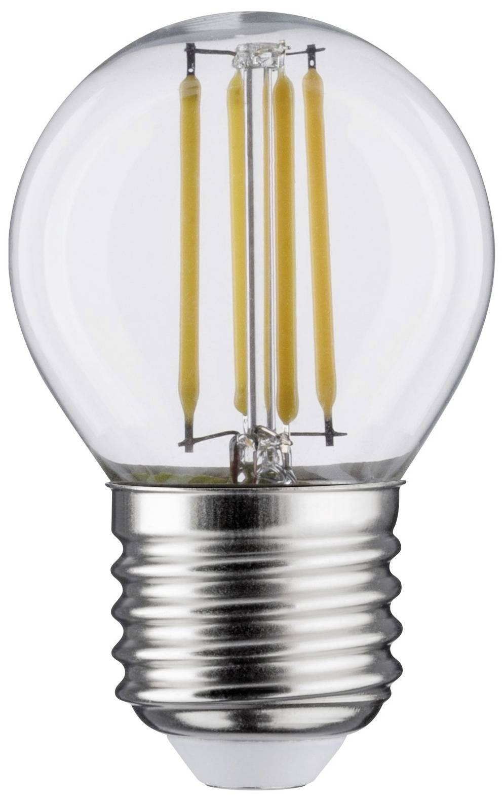Glühbirne mit LED-Filamenten, klarer Glaskörper, silberne Fassung. Energieeffiziente Beleuchtung für Wohn- und Arbeitsbereich.