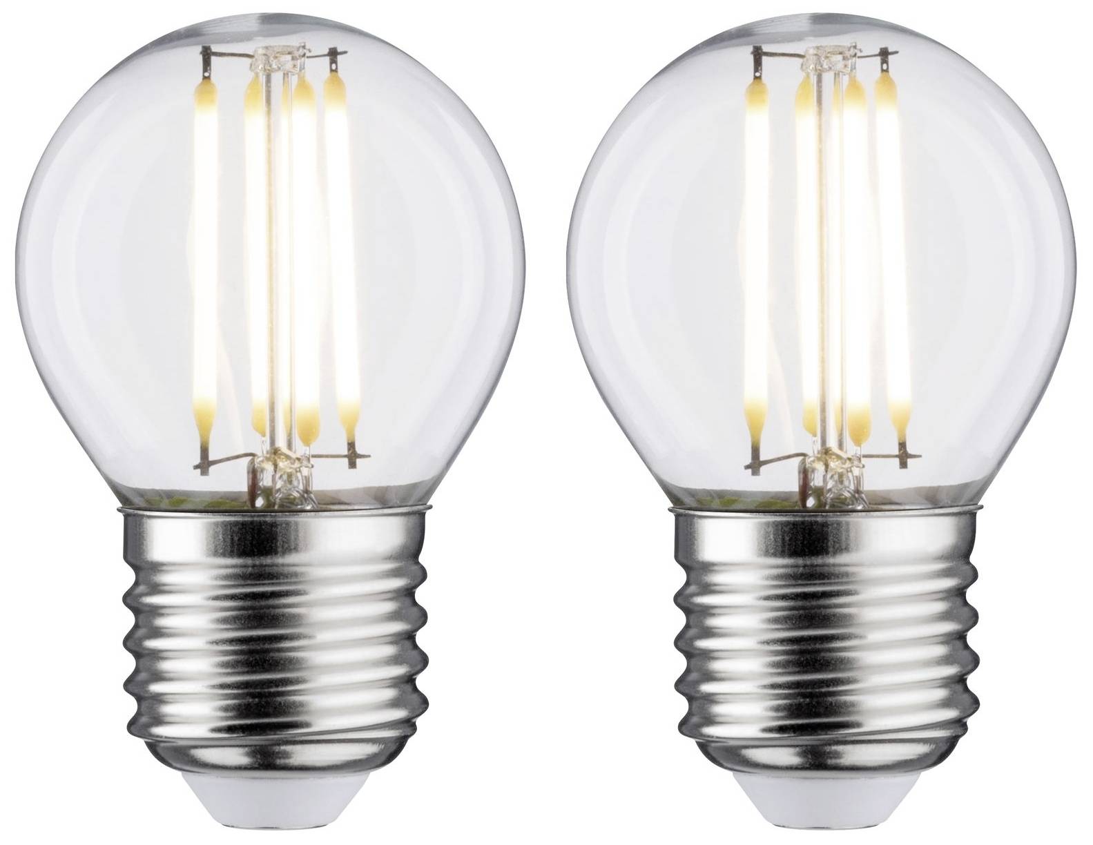 Zwei LED-Glühlampen nebeneinander, jeweils mit sichtbaren Filamenten, auf weißem Hintergrund.
