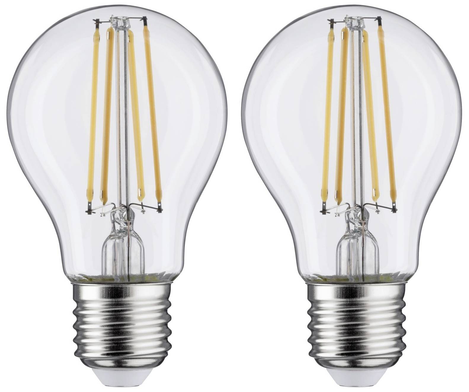 Zwei durchsichtige Glühbirnen mit sichtbaren Filamenten, aufrecht nebeneinander.