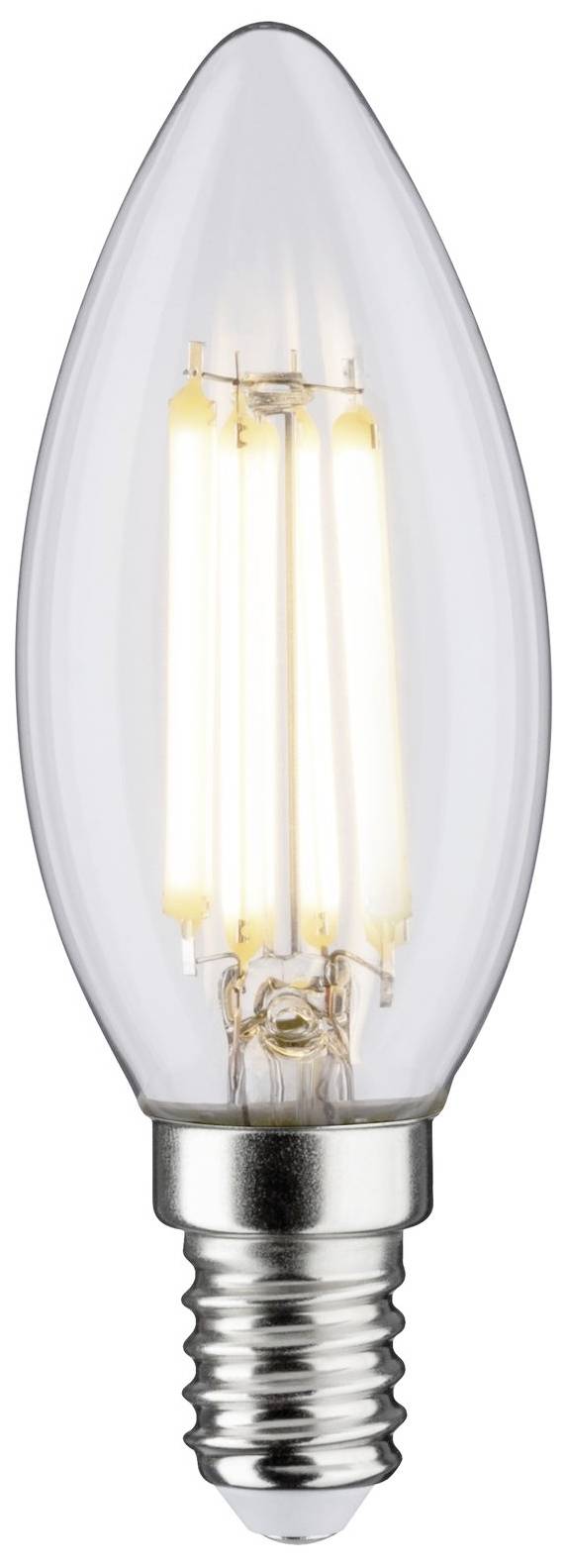 Eine LED-Glühbirne in Kerzenform, eingeschaltet.