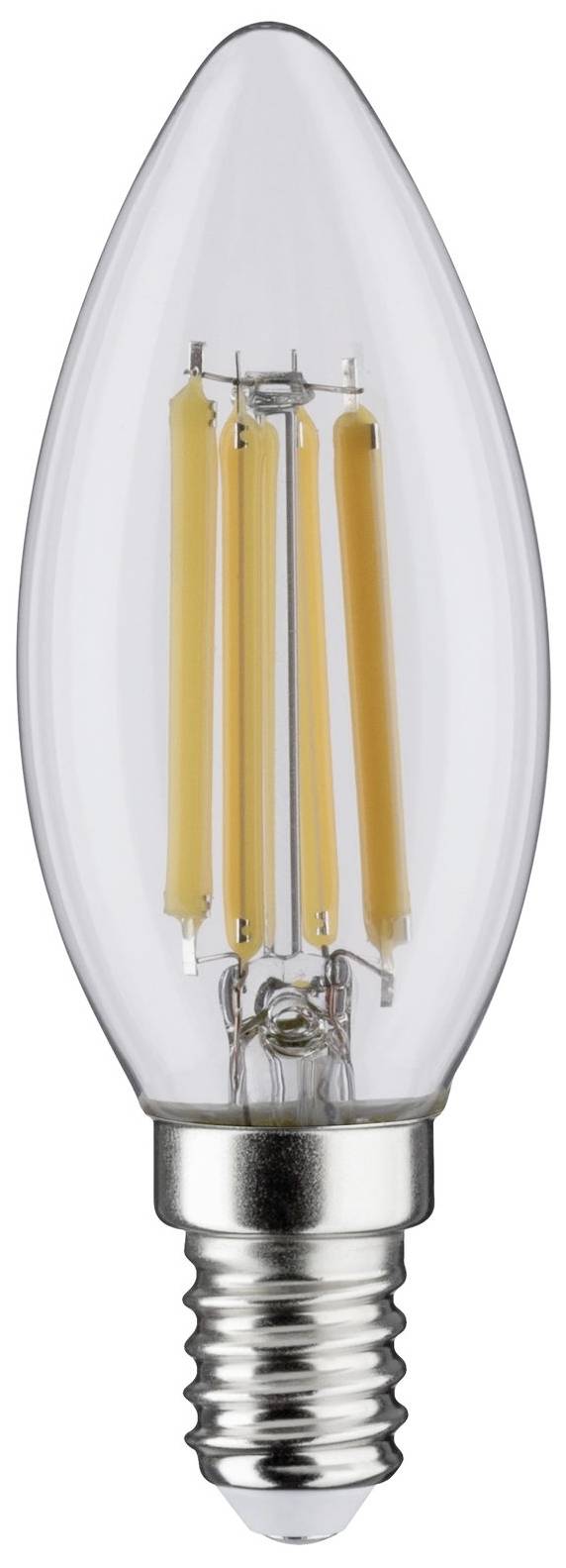 Eine klare LED-Glühbirne in Kerzenform mit sichtbarem Glühfaden und silberner Fassung.