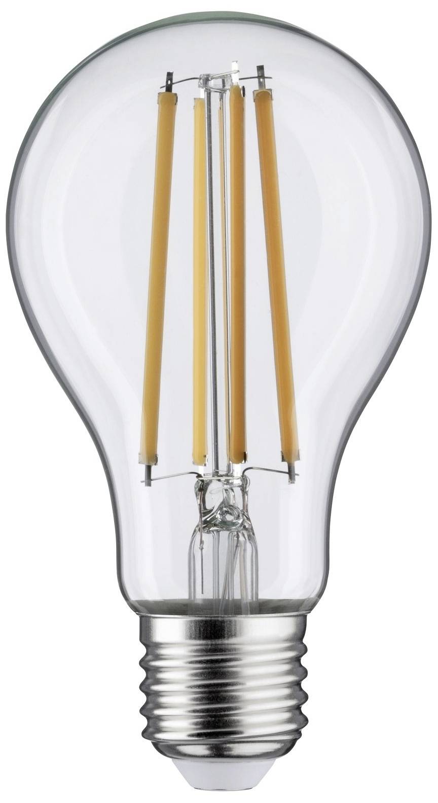 Glühbirne mit sichtbaren Filamenten im Inneren, transparentes Glas.