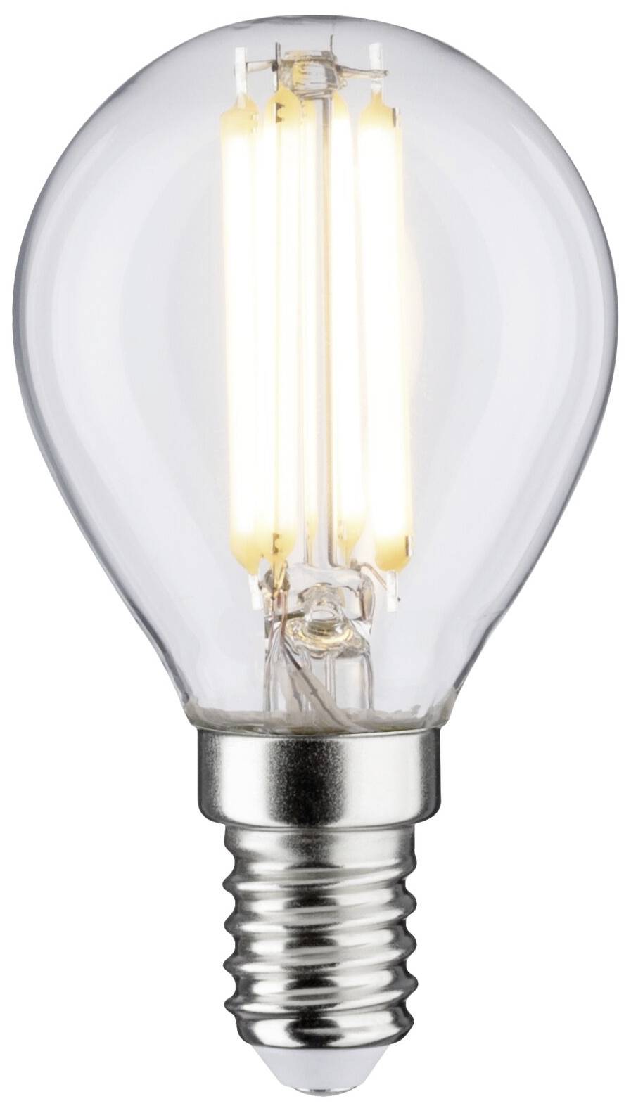 LED-Glühbirne mit klarem Glas und sichtbaren Filamenten, die elektrisch leuchtet. E14-Sockel, geeignet für dekorative Beleuchtung.
