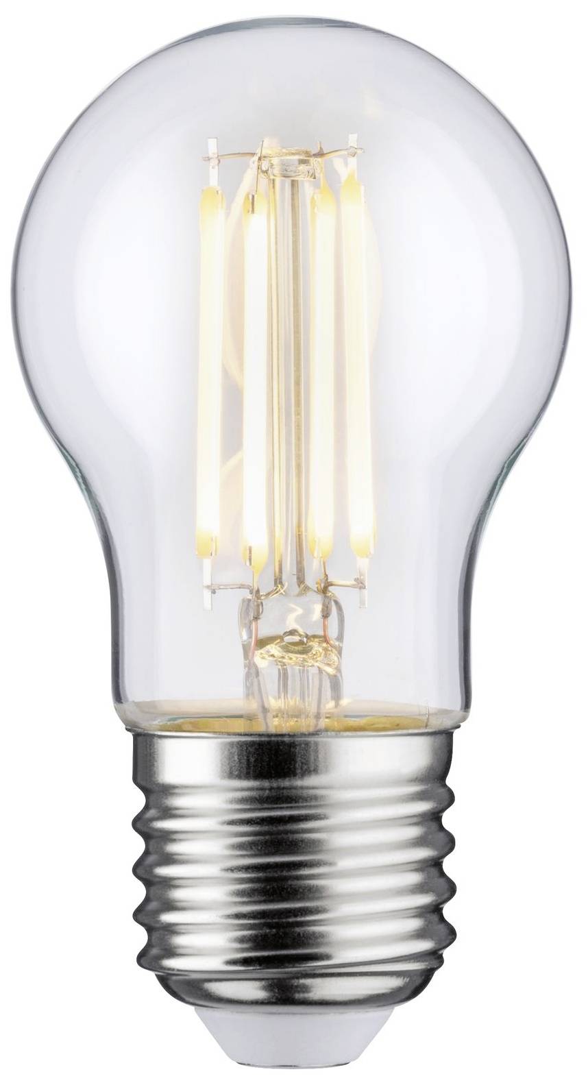 Eine eingeschaltete LED-Glühbirne mit sichtbaren Filamenten, die warme Beleuchtung abgibt, auf weißem Hintergrund.