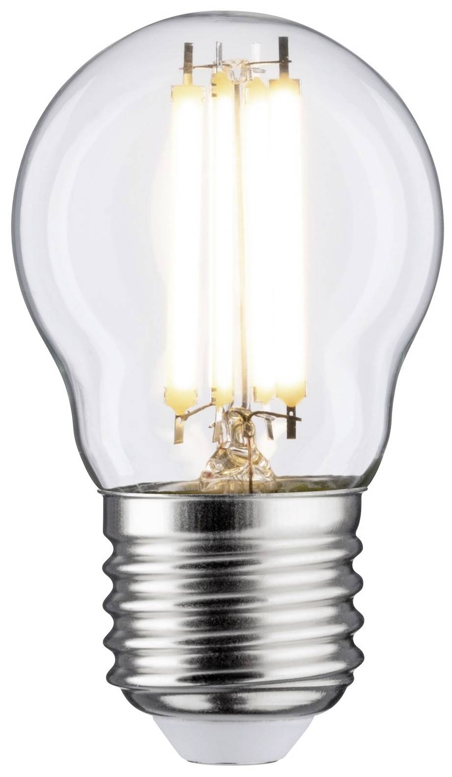 Eine eingeschaltete LED-Glühbirne mit sichtbarem Glühfaden, auf weißem Hintergrund dargestellt.