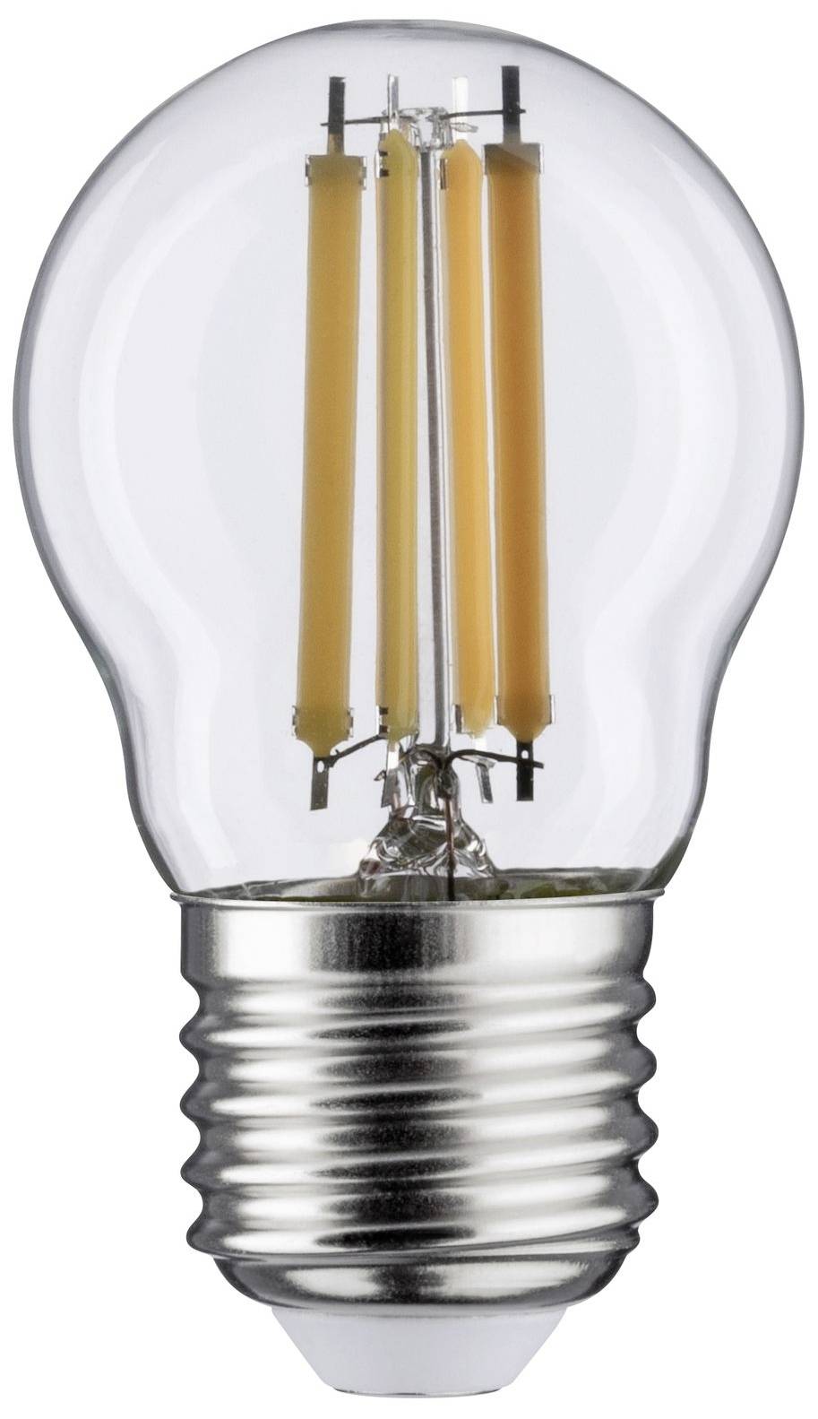 Eine LED-Glühbirne mit klarer Glasabdeckung und sichtbaren Filamenten, die im Stil einer traditionellen Glühbirne gestaltet sind.