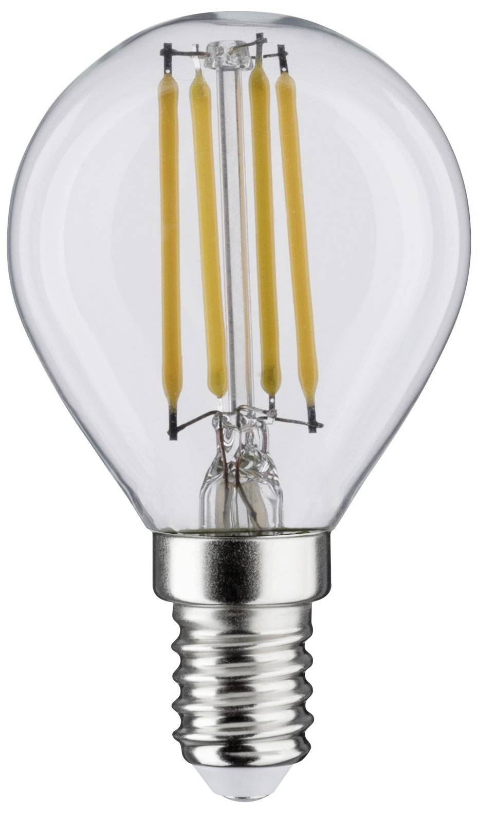 Eine klare LED-Glühbirne mit sichtbaren Filamenten, die auf einem weißen Hintergrund steht. Sie hat eine E14-Fassung.