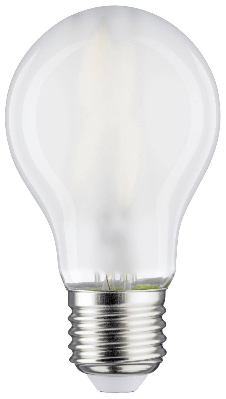 Glühbirne mit transparentem Glas und silbernem Sockel, eingeschaltet.
