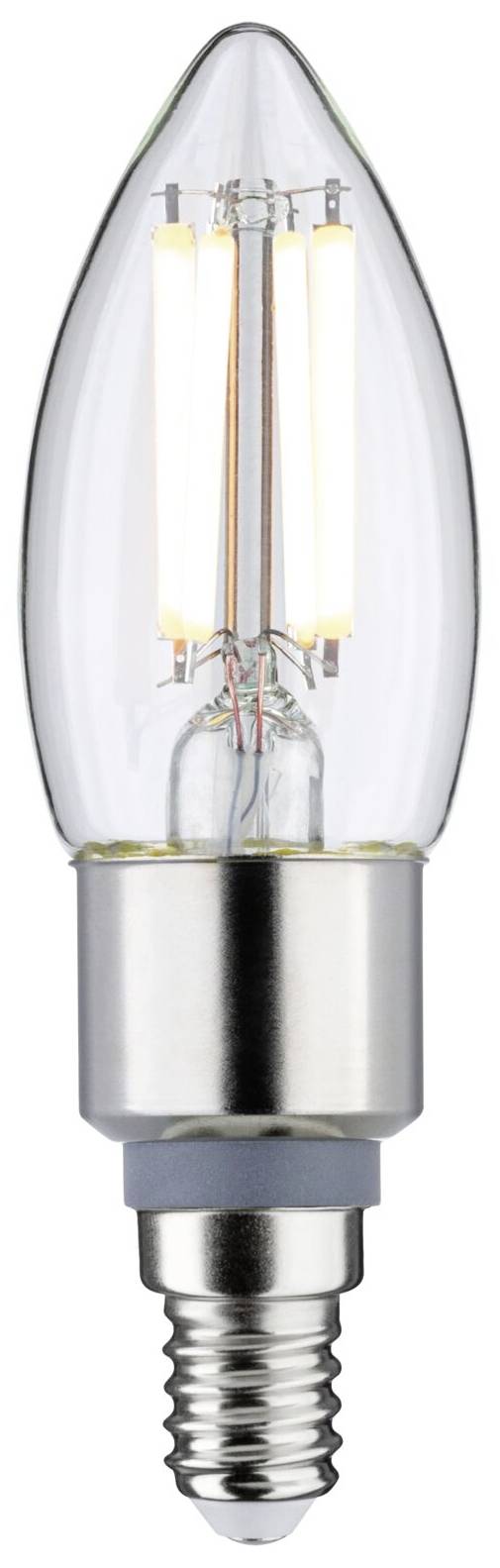 Glühbirne mit klarem Glas und sichtbarem Filament, Kerzenform, E14-Fassung.