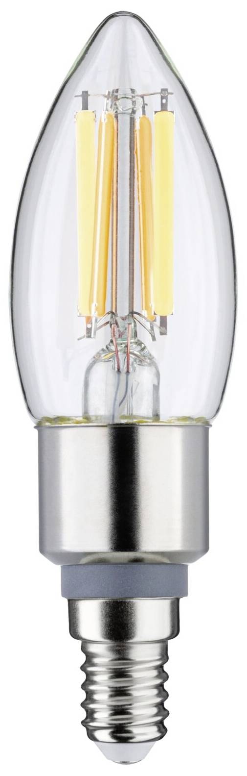 Eine LED-Glühbirne in Kerzenform mit klarem Glas und silberner Schraubfassung.