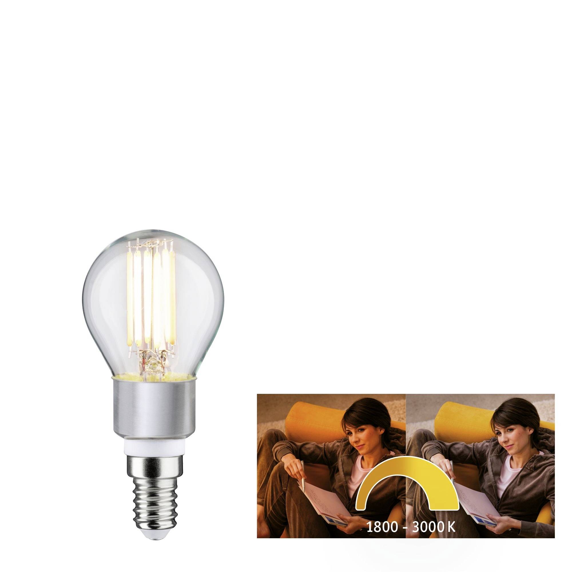 Eine LED Glühbirne mit E14-Sockel; daneben Bildvergleich: Frau liest bei unterschiedlichen Lichtfarben, 1800K und 3000K.