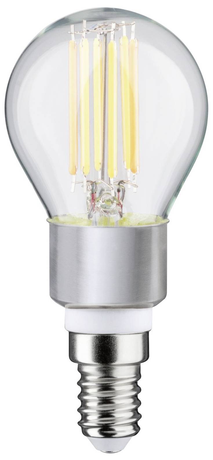Eine Glühbirne mit sichtbaren LED-Filamenten, klares Glas, Metallfassung und E14-Schraubsockel; verwendet in Lampen und Leuchten.