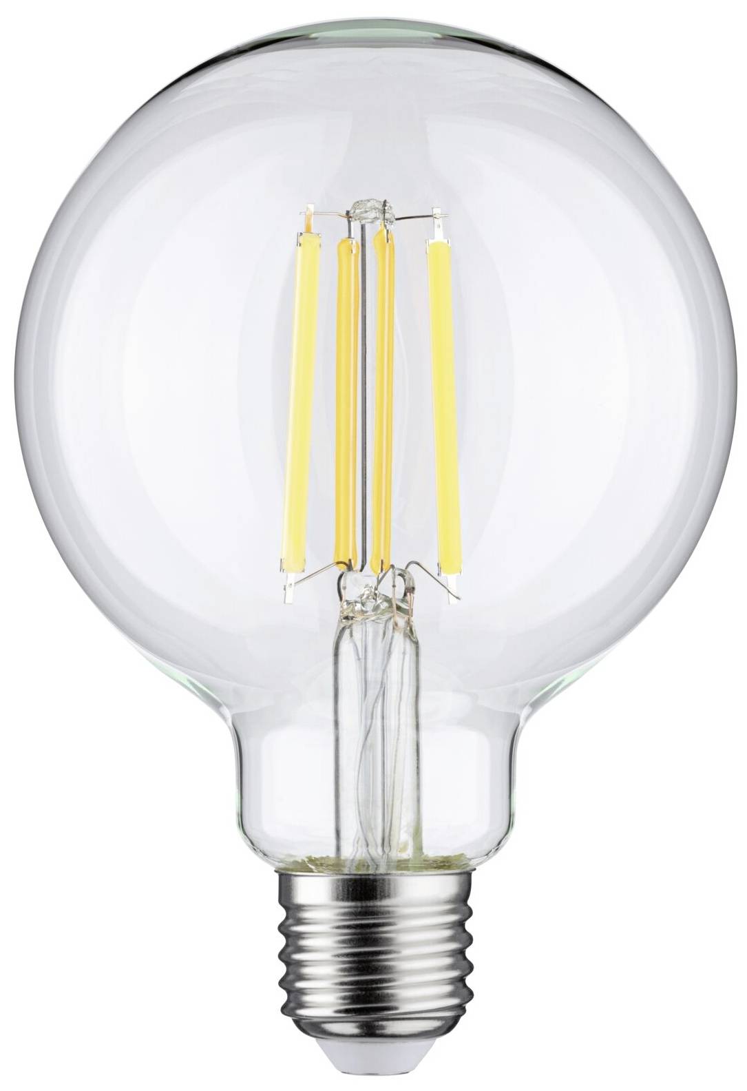 Eine klare Glühbirne mit sichtbarem Glühfaden und Standard-Schraubsockel, symbolisiert Energie und Beleuchtung.