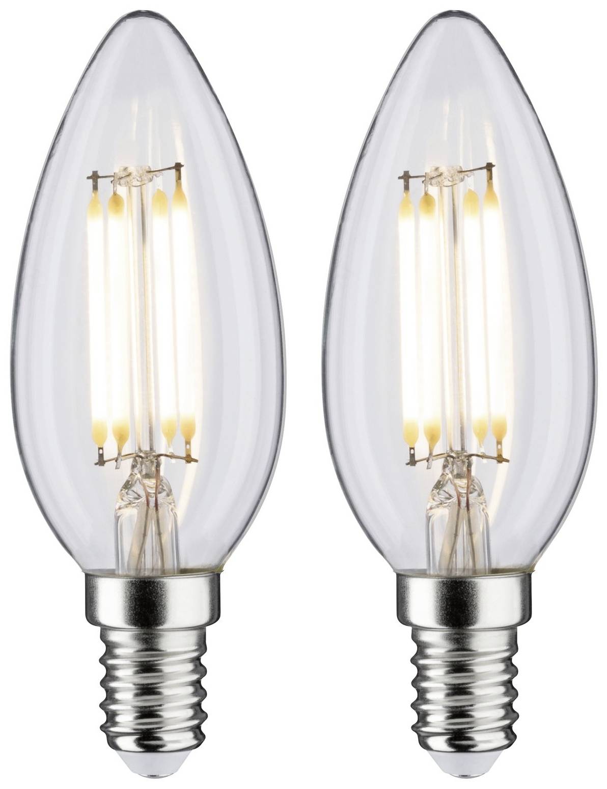 Zwei klare LED-Kerzenlampen mit E14-Sockel und sichtbaren Filamenten, leuchtend. Geeignet für dekorative Beleuchtung.