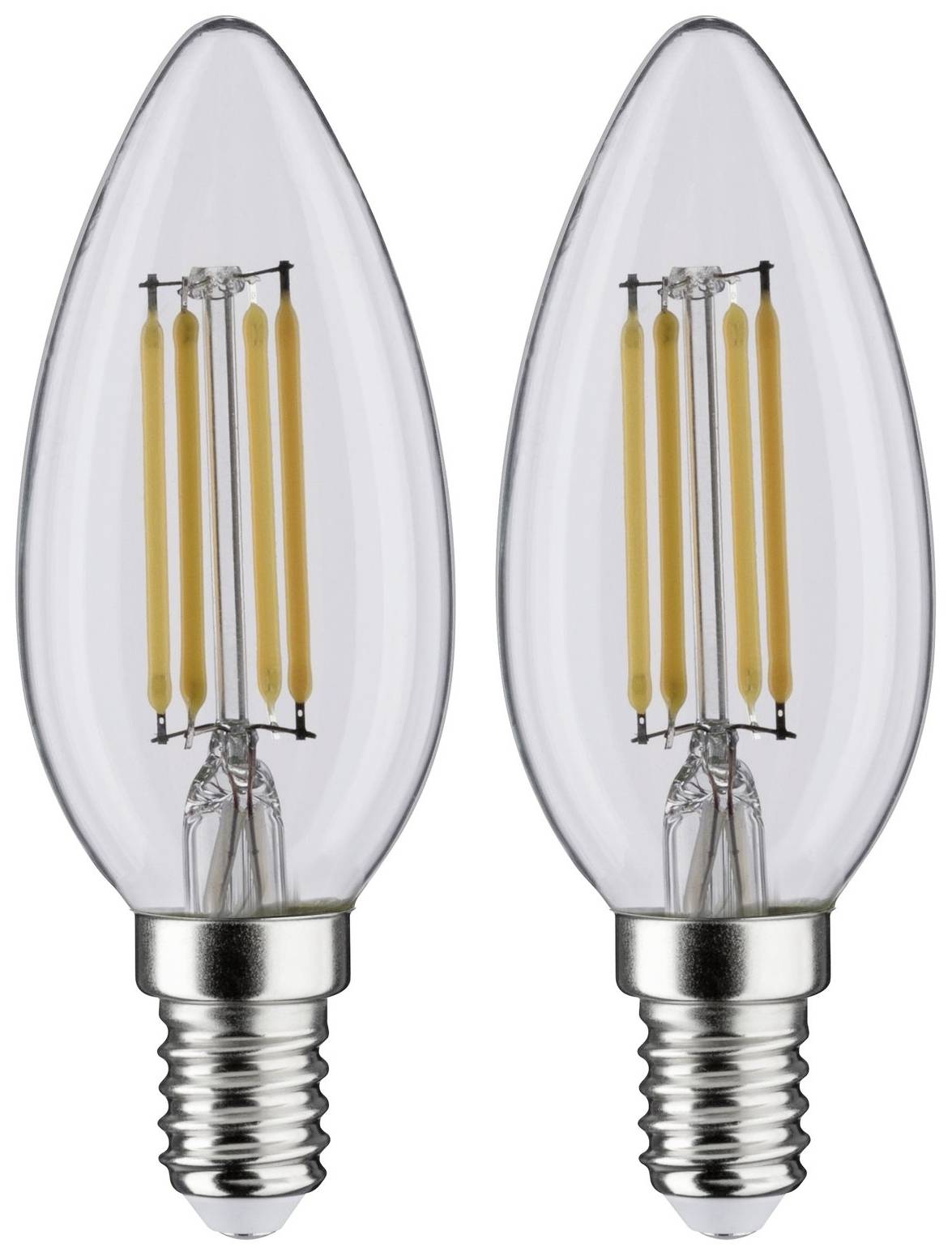Zwei klare Kerzen-LED-Glühbirnen mit sichtbaren Filamenten und E14-Gewinde. Energieeffizientes Design für dekorative Beleuchtung.