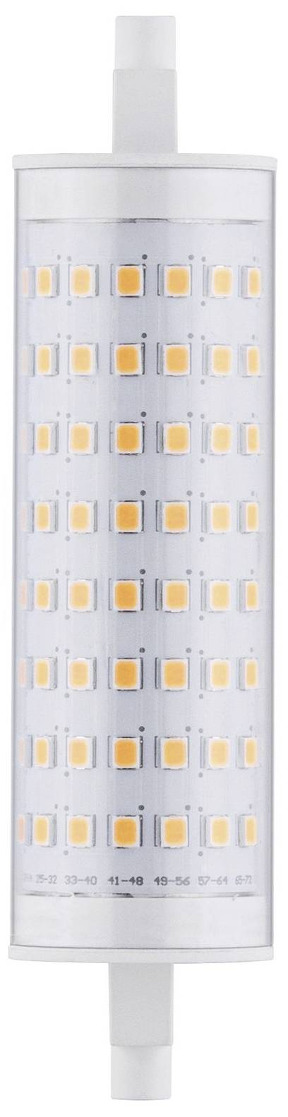 Eine röhrenförmige LED-Lampe mit mehreren orangefarbenen Leuchtdiodenreihen und weißen Endabdeckungen, geeignet für helle Beleuchtung.