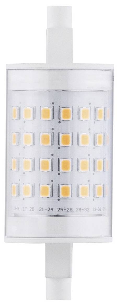 Ein LED-Leuchtmittel mit zylinderförmigem, durchsichtigem Gehäuse zeigt ein Raster von orange leuchtenden Dioden.
