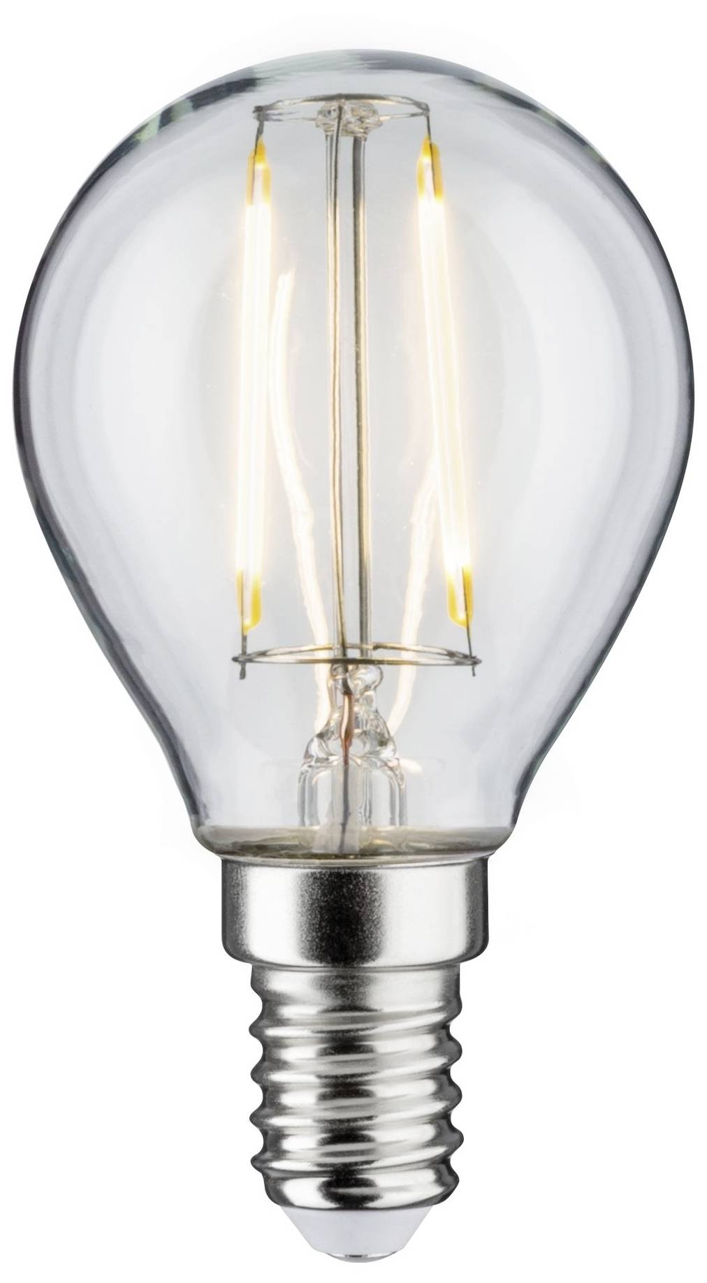 Eine Glühbirne mit sichtbarem Filament strahlt warmes Licht aus. Sie ist abgeschaltet und wird vor einem weißen Hintergrund gezeigt.