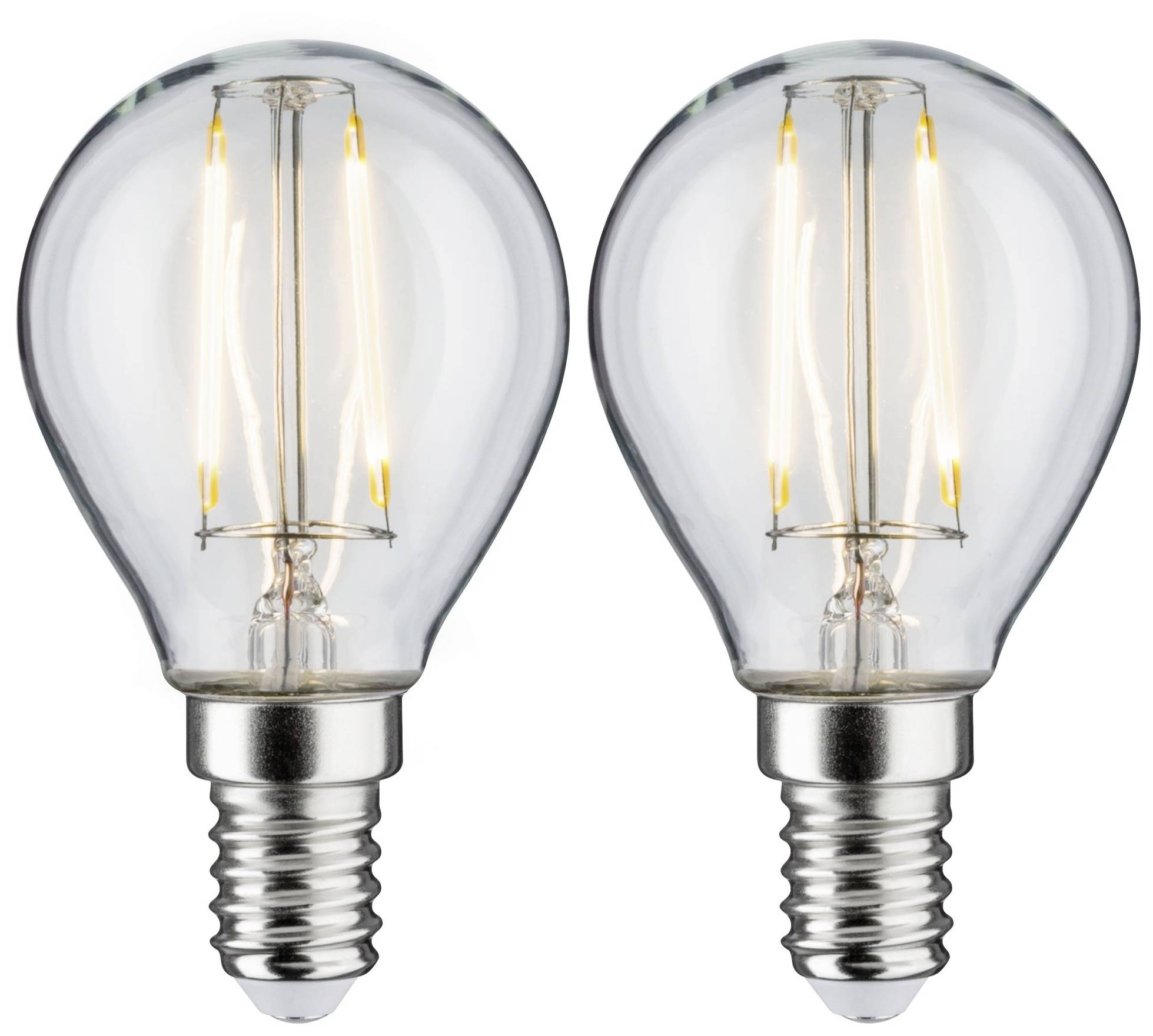 Zwei eingeschaltete LED-Glühbirnen mit E14-Sockel, die warmweißes Licht abstrahlen.