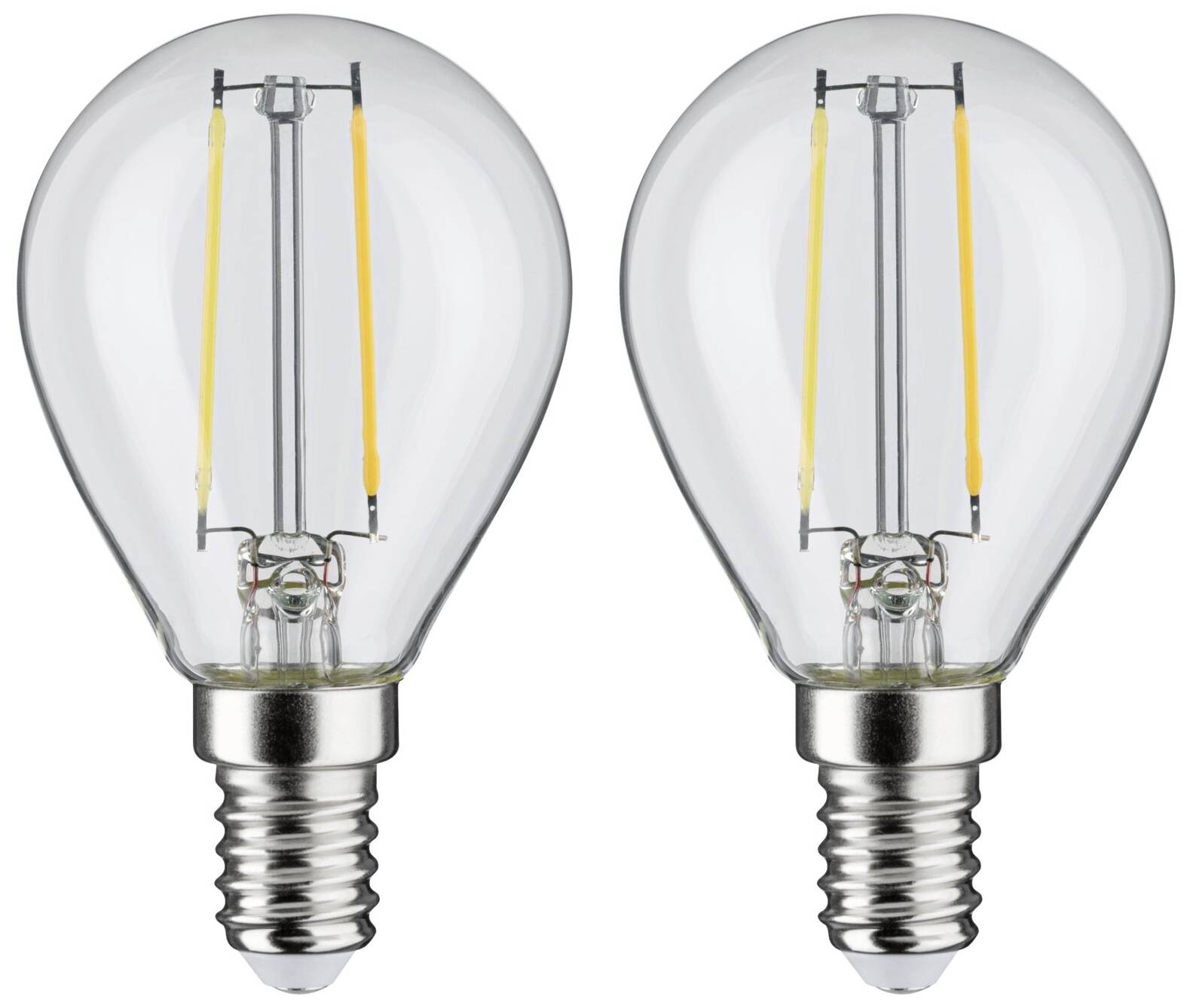 Zwei LED-Glühbirnen mit sichtbaren Filamenten, auf weißem Hintergrund. Energiesparend und dekorativ für Haushaltsbeleuchtung.