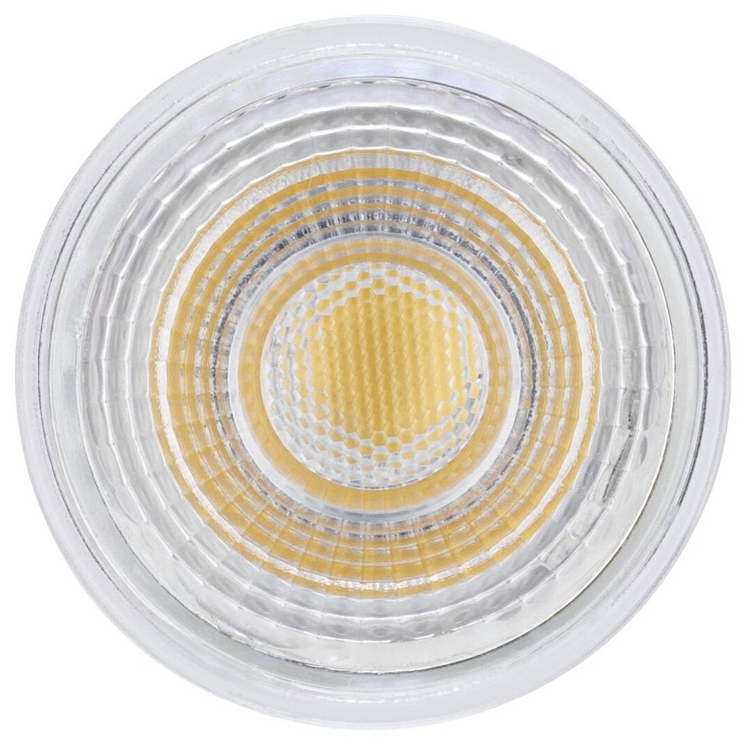 Ein runder LED-Spot mit mehreren konzentrischen Ringen und einer leuchtend gelben Mittelzone.