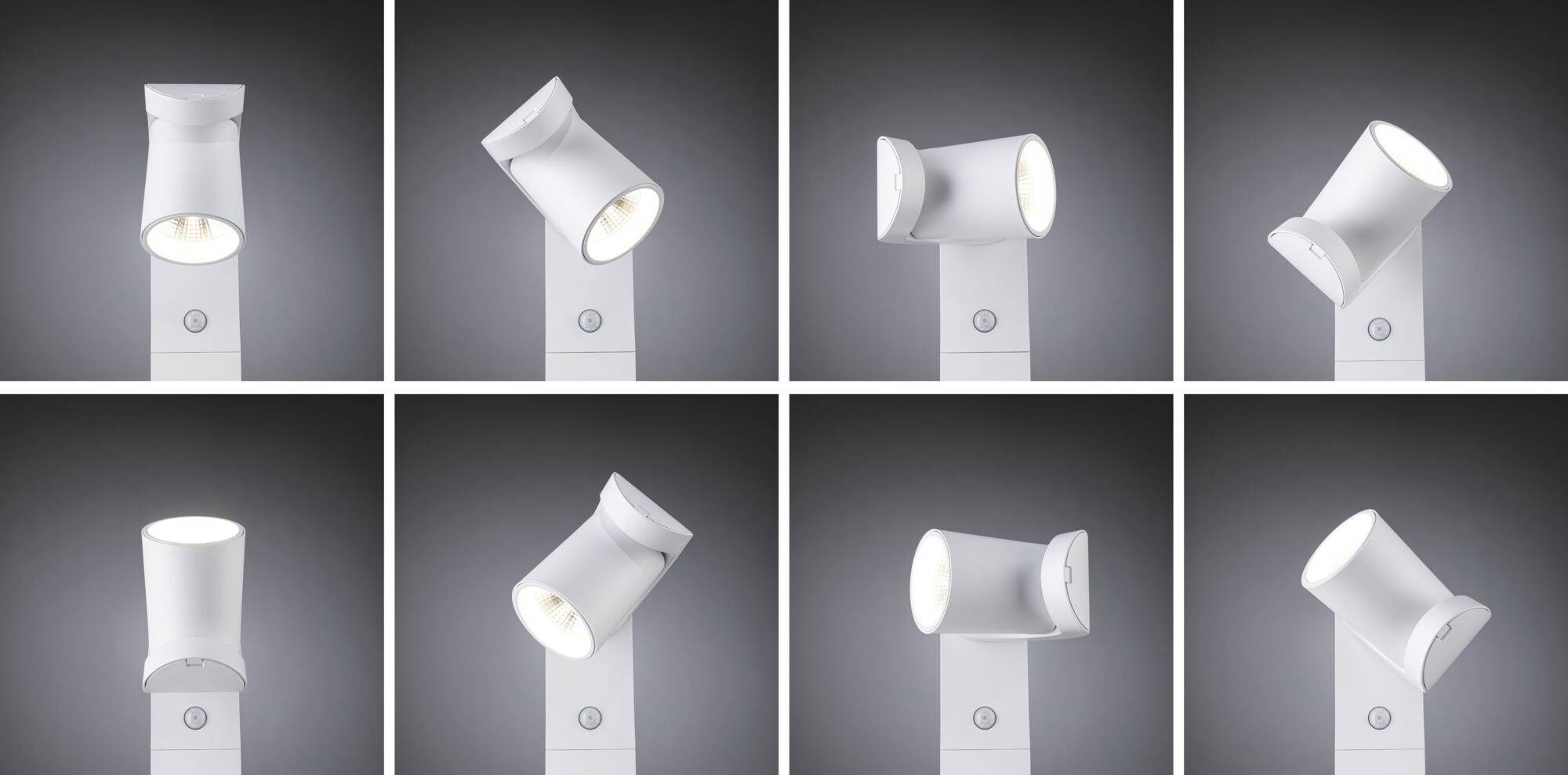 Acht Bilder zeigen einen weißen, verstellbaren Strahler aus verschiedenen Winkeln vor einem grauen Hintergrund.