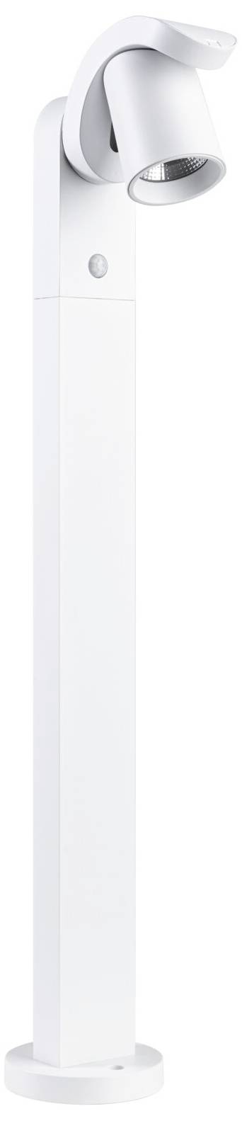 Eine weiße, moderne Stehleuchte mit einem zylinderförmigen, drehbaren Kopf, geeignet für präzise Beleuchtung in Innenräumen.