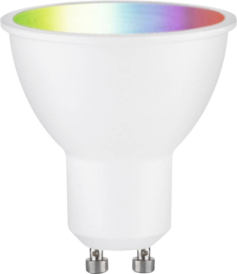 Eine weiße LED-Glühbirne mit GU10-Sockel. Die Innenseite des Reflektors zeigt ein Regenbogenspektrum.
